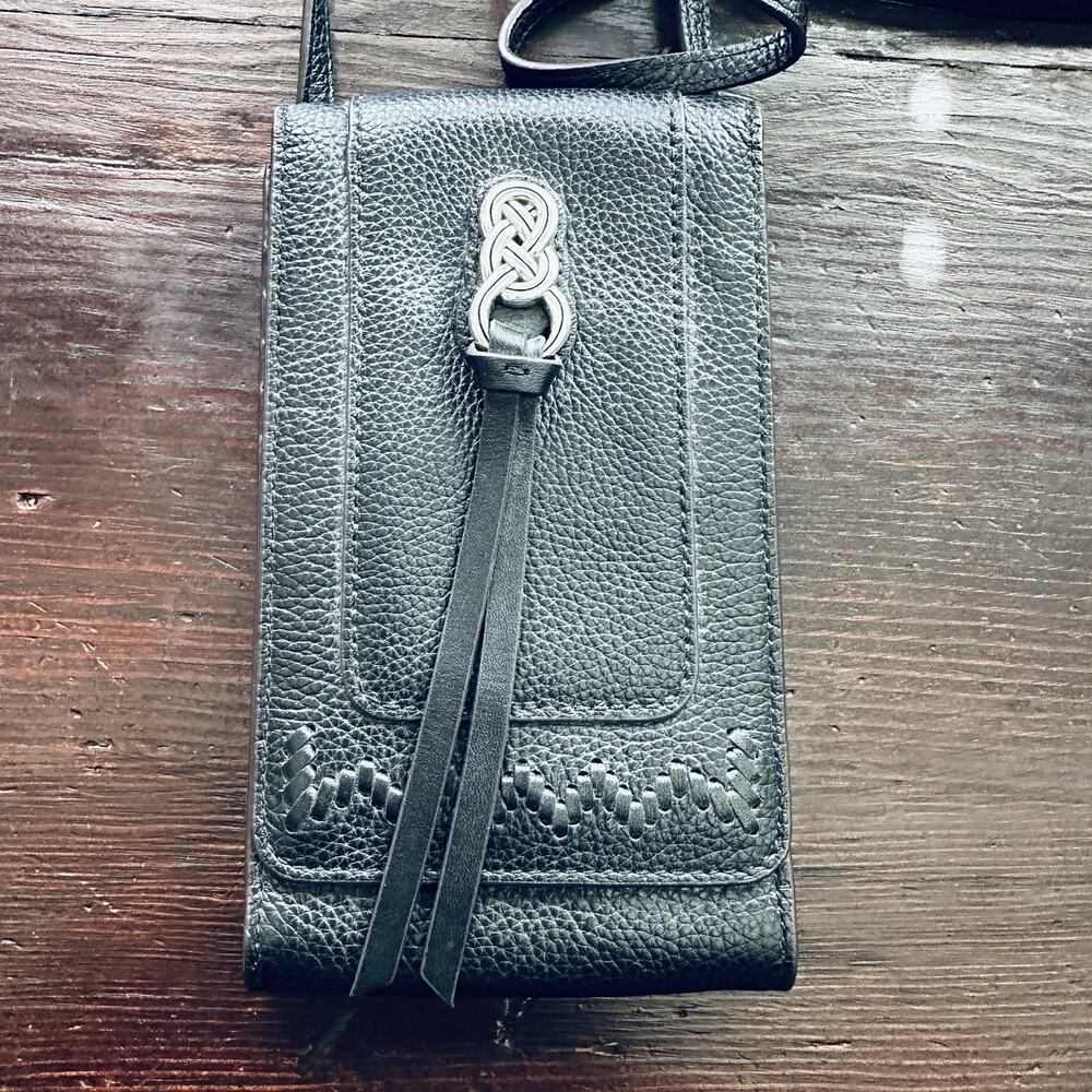 BRIGHTON Interlok Phone Organizer Crossbody Handbag Black Pebble Leather ID Card